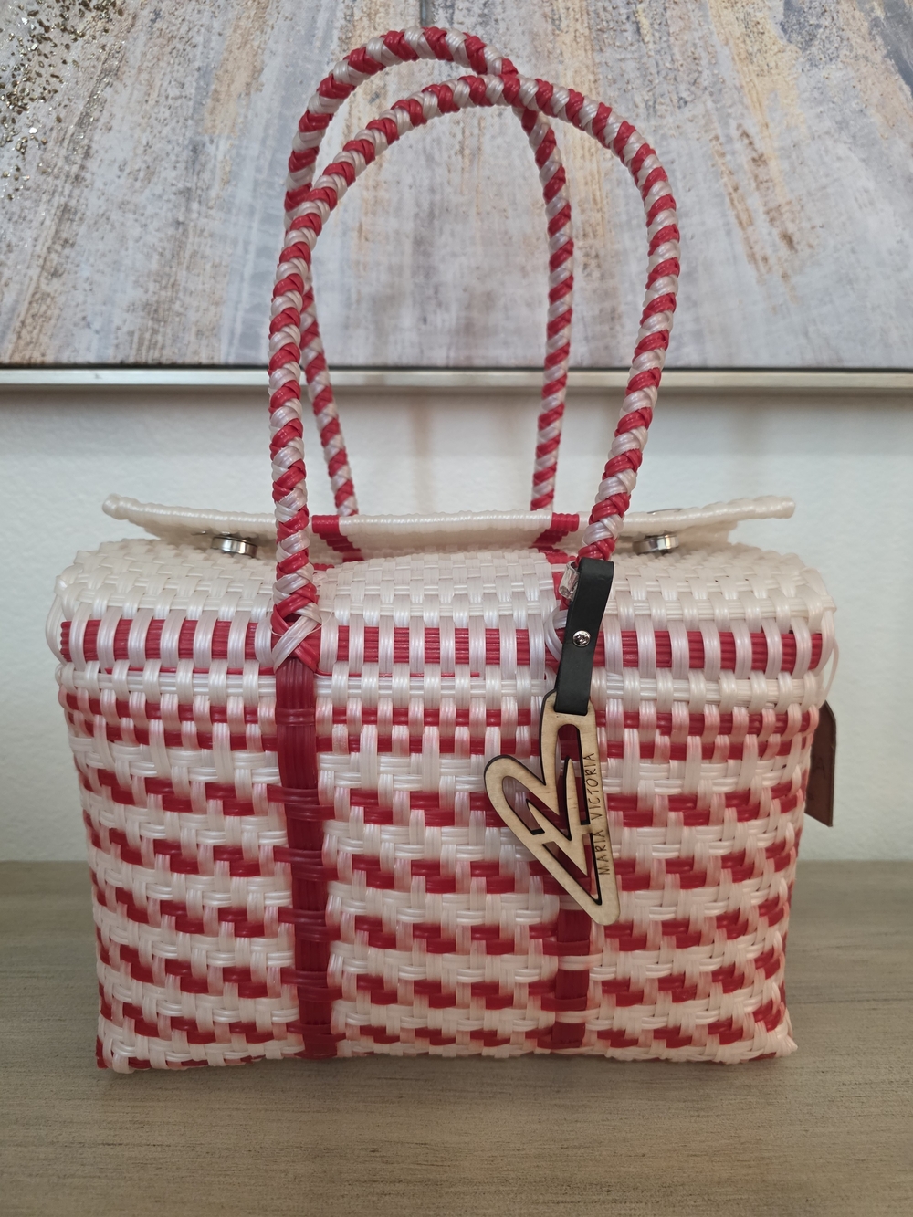 Red & White Woven Tote Bag with Braided Handles Rare Hard To Find